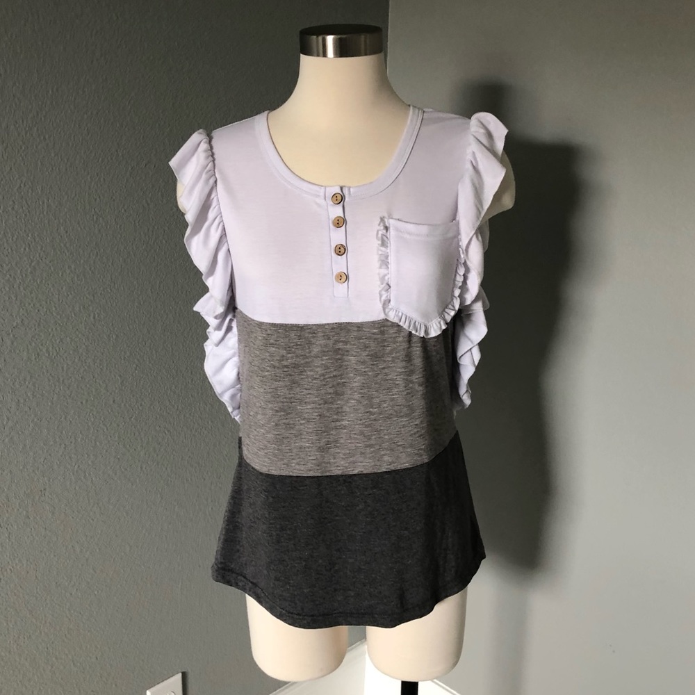 Ruffle Sleeve Color Block 1/4 Button-Down Pocket … - image 4